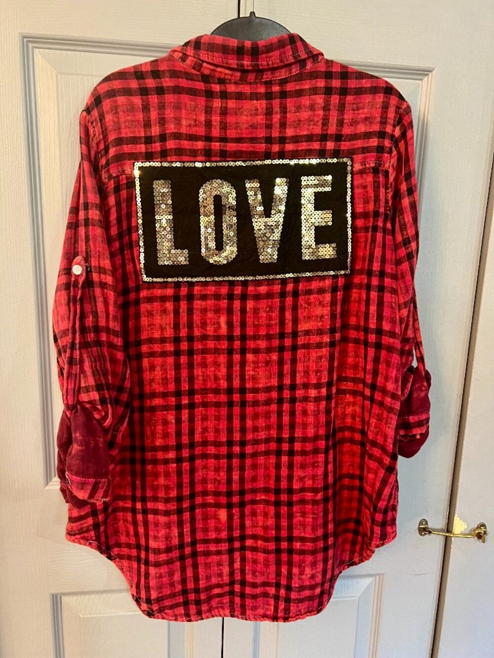 The Nu Vintage "LOVE" Red & Black Flannel Button up Shirt, Large